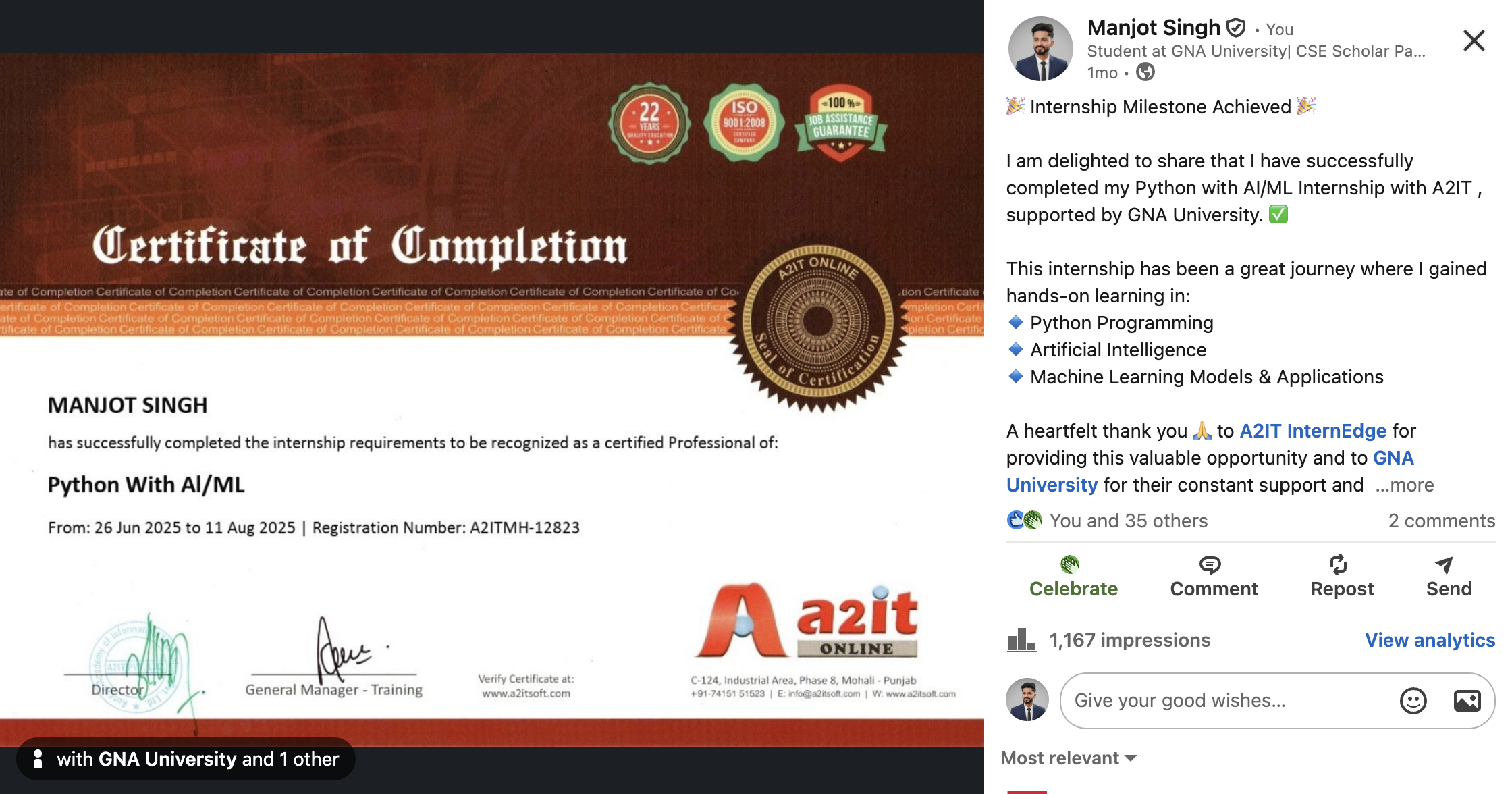 A2IT Internship Certificate